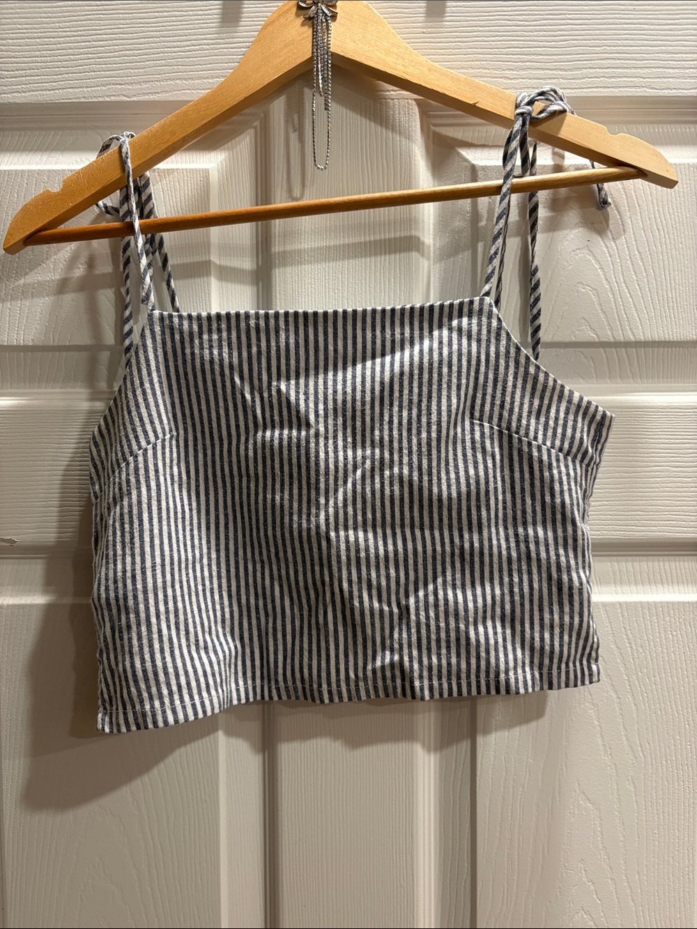 Brandy Melville Navy & White Striped Tie-Shoulder Crop Top